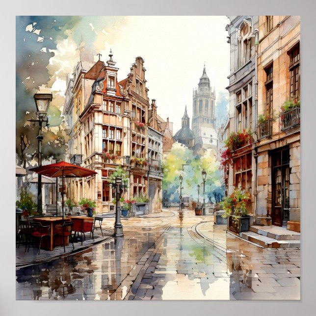 Poster Bruxelles Belgique Travel Watercolor Art Imprimer (Devant)