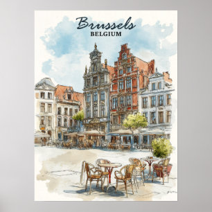 Poster Bruxelles Belgique - Vintage Watercolor Cityscape