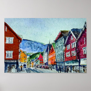 Poster bryggen bergen nordique aquarelle