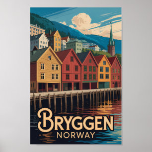 Poster Bryggen Norvège Illustration Voyage Art Bergen