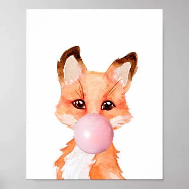 Poster Bubble Gum Baby Fox Cub Nursery Enfant Rose (Devant)