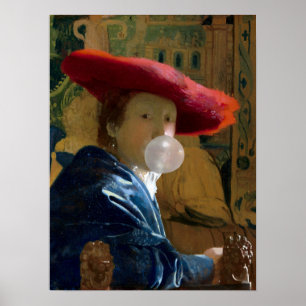 Poster Bubble gum Diva dans un casquette rouge soufflant 