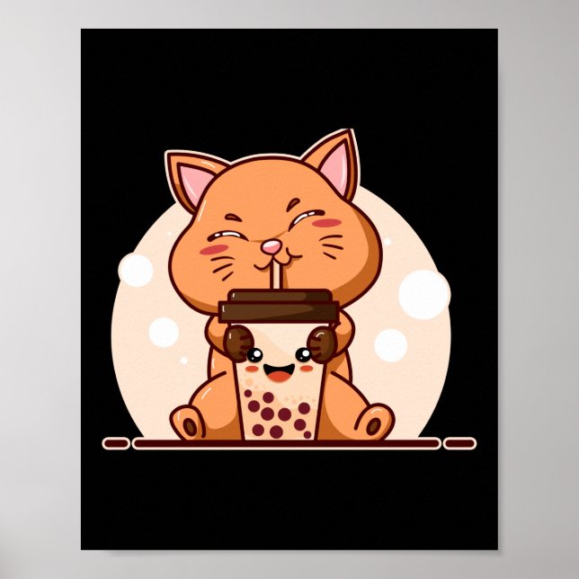 Poster Bubble Kawaii Chat Boire Boba Tea (Devant)