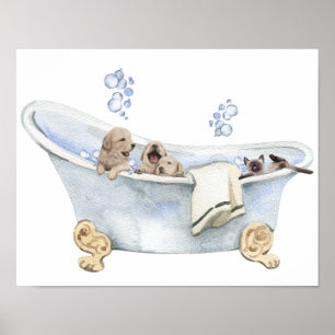 Poster Buble Bain Puppies Kitten Baignoire Salle de bain