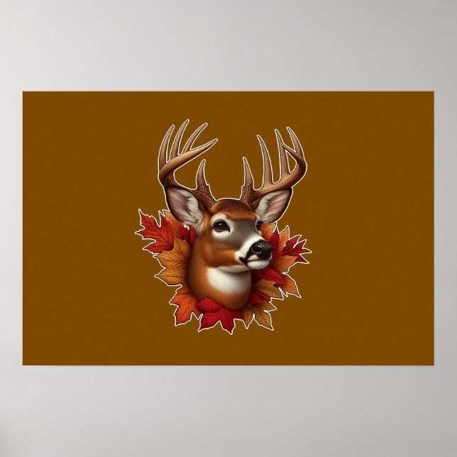 Poster Buck Deer entouré de feuilles d'automne (Devant)