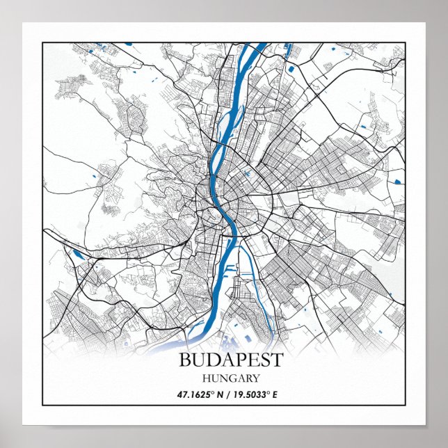 Poster Budapest Hongrie City Plan Voyage Simple Minimal (Devant)
