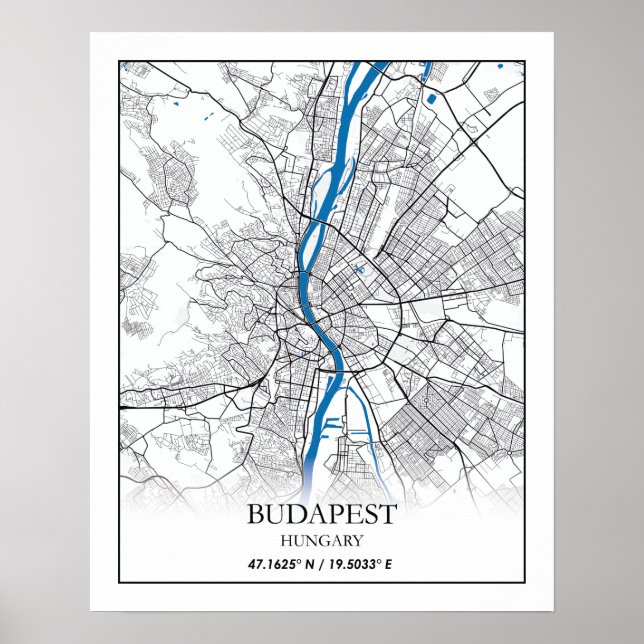 Poster Budapest Hongrie City Plan Voyage Simple Minimal (Devant)