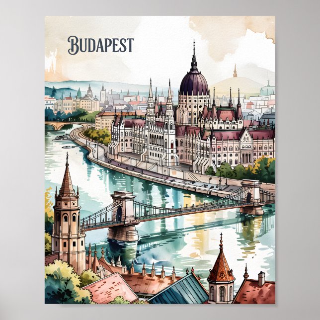 Poster Budapest Hungary Parliament Danube River Skyline (Devant)