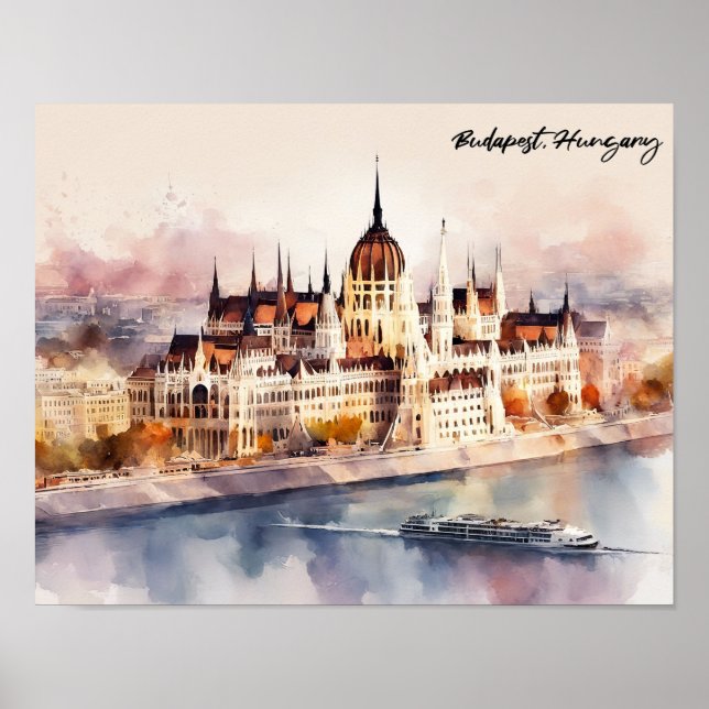 Poster Budapest Hungary Watercolor Painting Panorama View (Devant)