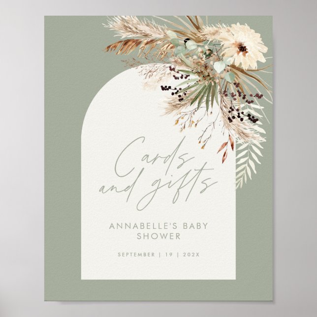 Poster Budget baby shower cartes pampas cadeaux sage vert (Devant)