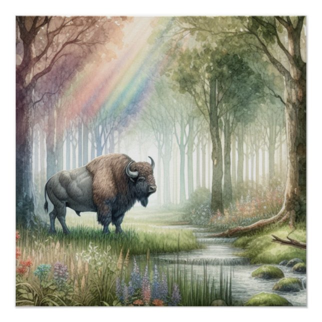 Poster Buffalo Bison Whimsical Forest Paysage Art (Devant)