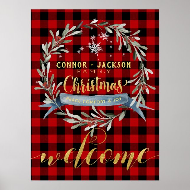 Poster Buffalo Plaid Gold Script Bienvenue (Devant)
