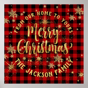 Poster Buffalo Plaid Gold Script famille Joyeux Noël