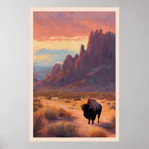 Poster Buffle Lone du désert paysage coloré Sunrise Art