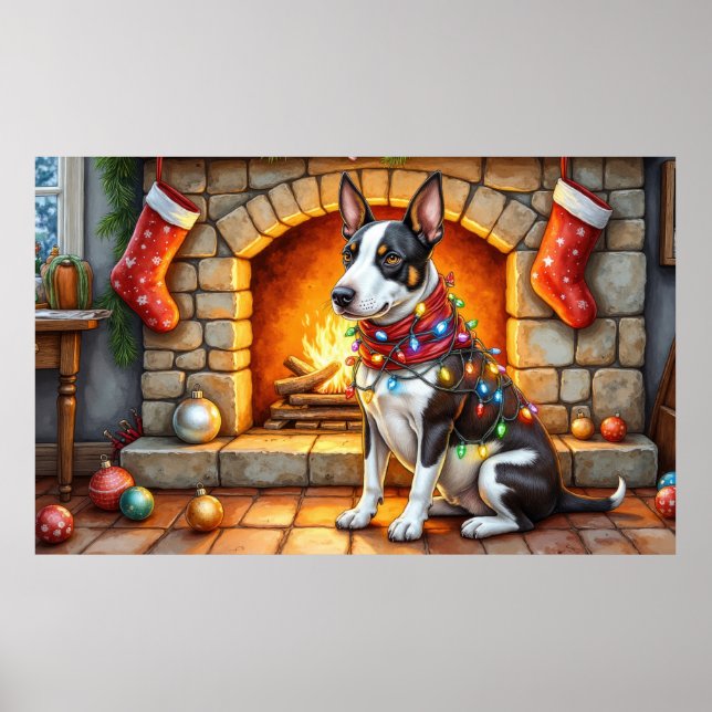 Poster Bull Terrier Fireplace with Christmas Lights (Devant)