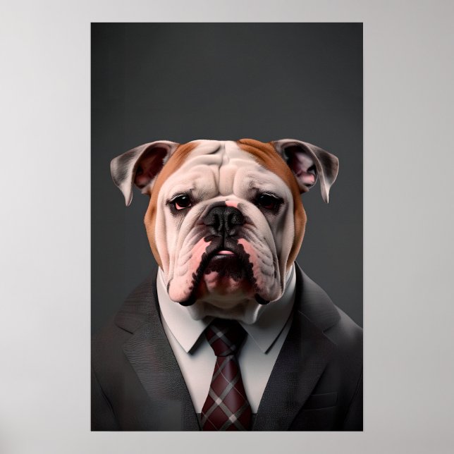 Poster Bulldog anglais en costume | Mon Bulldog Boss (Devant)