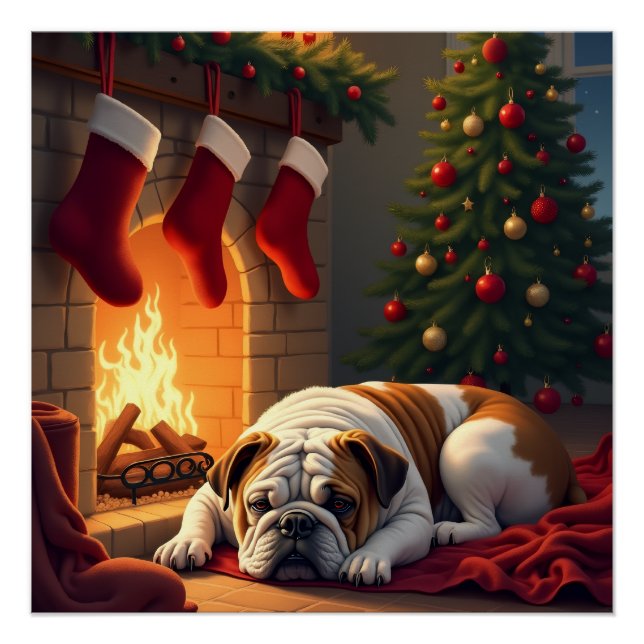 Poster Bulldog by the Fireplace Christmas Painting (Devant)