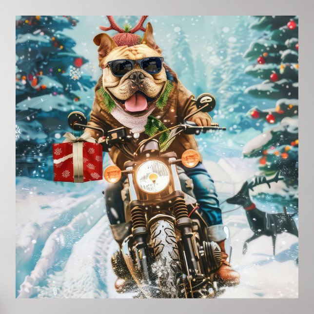 Poster Bulldog équitation moto Noël (Devant)