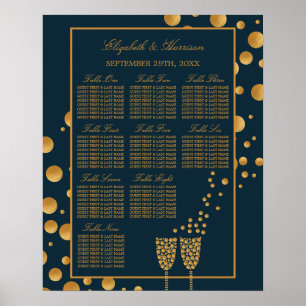 Poster Bulles de Champagne d'or, Carte de siège bleu et o