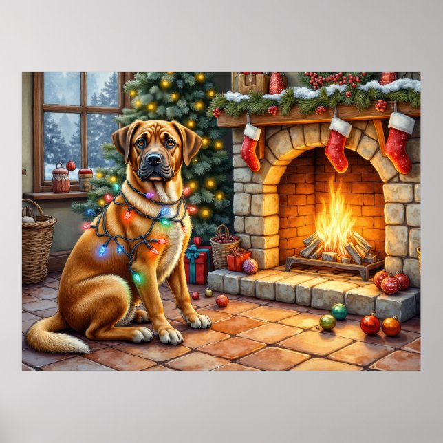 Poster Bullmastiff Fireplace with Christmas Lights (Devant)