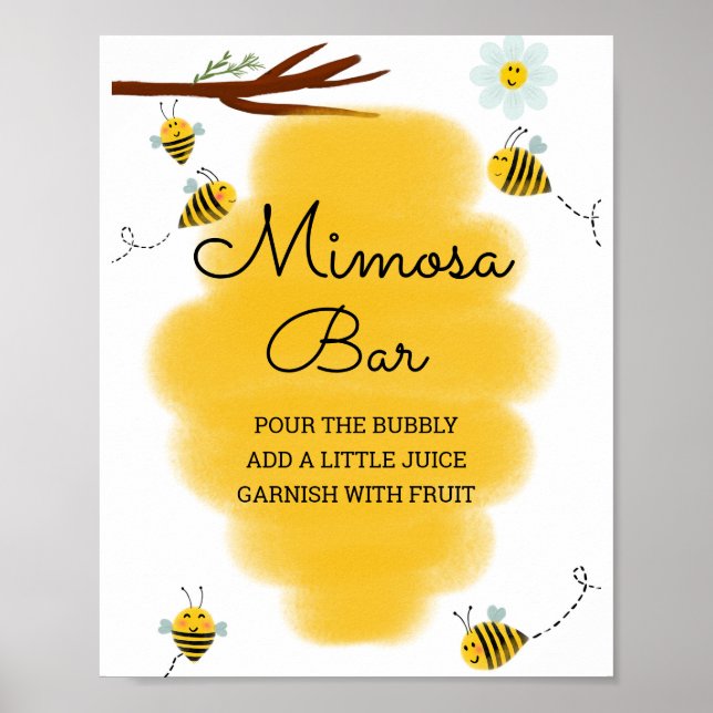 Poster Bumble Bee Baby shower Mimosa Bear Sign (Devant)
