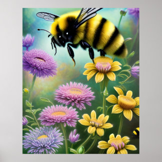 Poster Bumble Bee Floral Nature Art