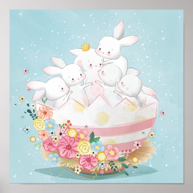 Poster Bunnies d'aquarelle en Oeuf de Pâques Fleur (Devant)