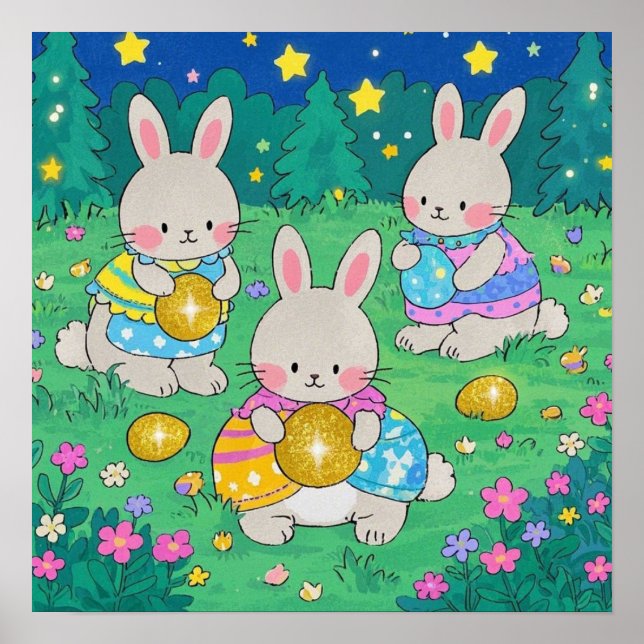 Poster Bunnies de Pâques avec Oeufs de Pâques (Devant)