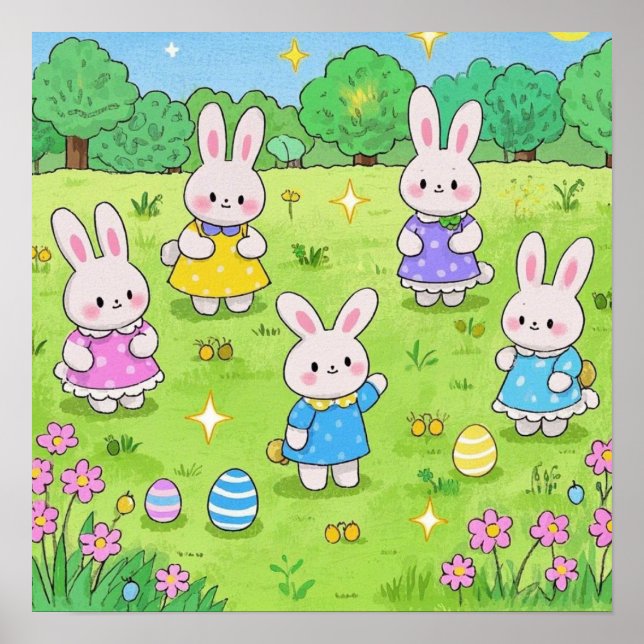 Poster Bunnies de Pâques cachant des oeufs dans un jardin (Devant)