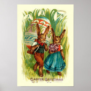Poster Bunnies De Pâques En Grandes Herbes Vintage Pâques