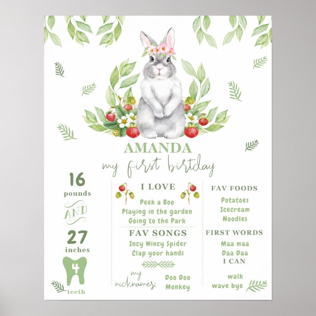 Poster Bunny fille 1er Anniversaire Jalon Décor (Devant)