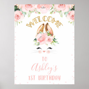 Poster Bunny rose Floral Visage Bienvenue Signal de fête 
