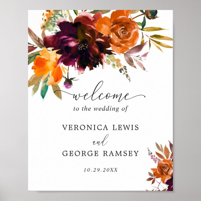Poster Burange Floral Rustic Fall Mariage de bienvenue (Devant)