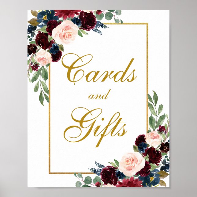 Poster Burgundy Blue Floral Gold Cartes de mariage Cadeau (Devant)