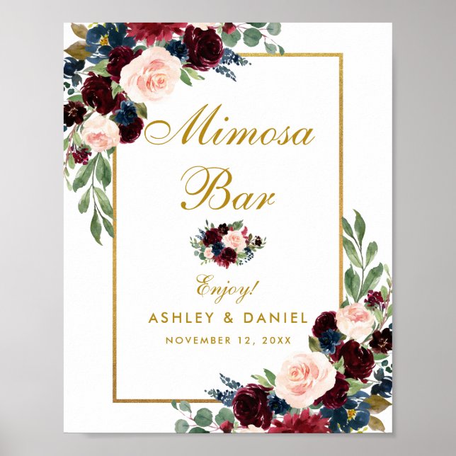 Poster Burgundy Blue Floral Gold Mariage Mimosa Bar (Devant)