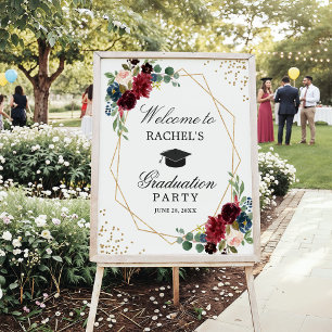 Poster Burgundy Blue Floral Graduation Party Bienvenue