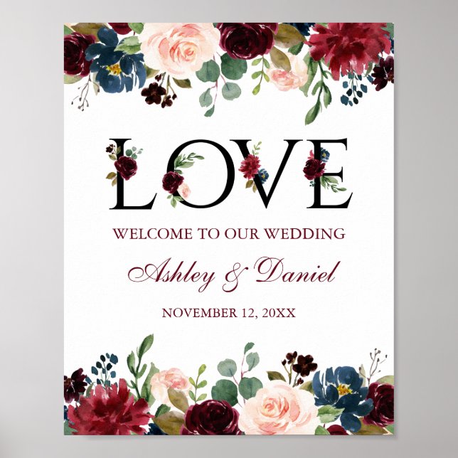 Poster Burgundy Blue Floral Love Mariage Bienvenue (Devant)