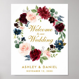 Poster Burgundy Blue Floral Wreath Gold Mariage Bienvenue