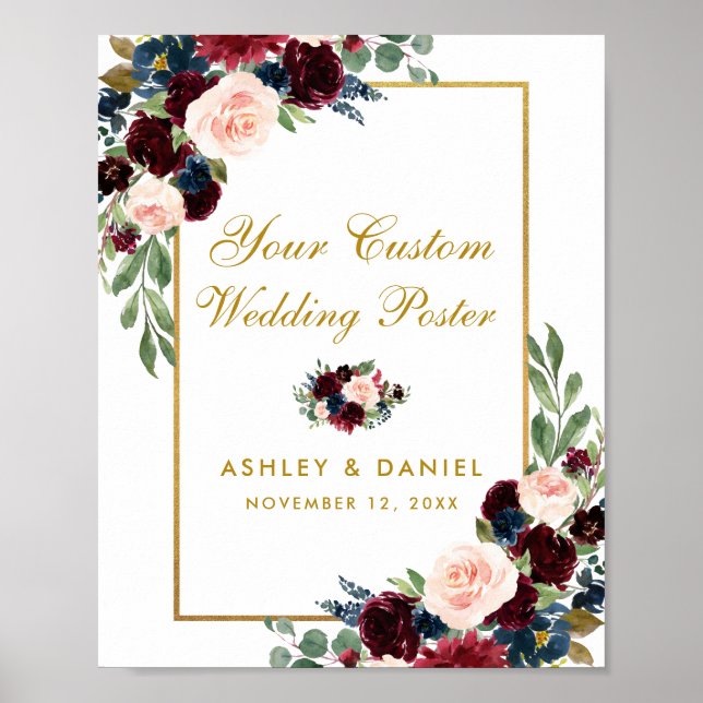 Poster Burgundy Blue Gold Floral Mariage personnalisé (Devant)