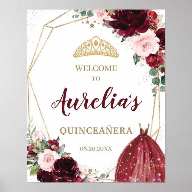 Poster Burgundy Blush Floral Quinceañera Tiara Bienvenue (Devant)