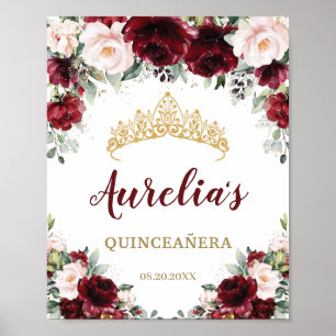 Poster Burgundy Blush Floral Quinceañera Tiara Bienvenue