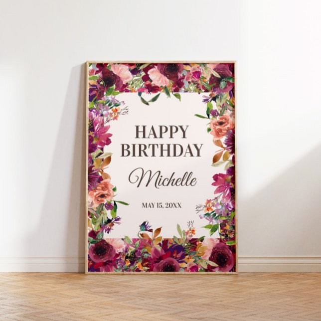 Poster Burgundy Blush Rose joyeuse fête d'anniversaire (Burgundy and pink floral "Happy birthday" poster personalized with your own text.)