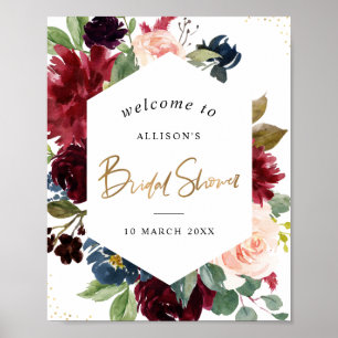 Poster burgundy cadre fleuri signe de bienvenue