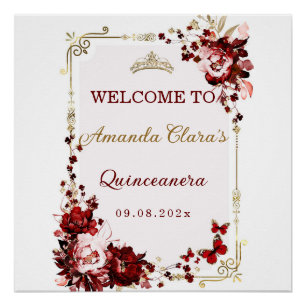 Poster Burgundy et Or Quinceañera Bienvenue Imprimable