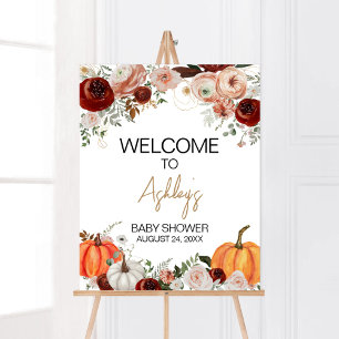 Poster Burgundy Fall Floral Citrouille Bienvenue