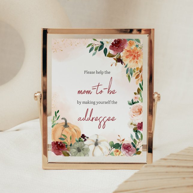 Poster Burgundy Fall Floral Citrouille Enveloppe Station (Fall Floral Pumpkin Baby Shower Envelope Station Sign)