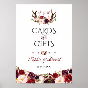Poster Burgundy Floral Antlers Mariage Cartes et Cadeaux