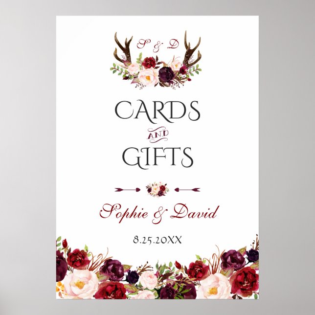 Poster Burgundy Floral Antlers Mariage Cartes et Cadeaux (Devant)