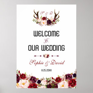 Poster Burgundy Floral Antlers Signal Mariage de bienvenu