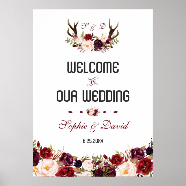 Poster Burgundy Floral Antlers Signal Mariage de bienvenu (Devant)